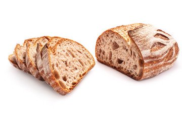 Sourdough whole wheat freshly baked bread on white background.