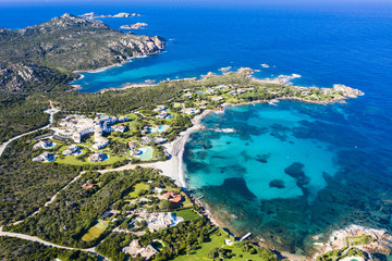 View from above, stunning aerial view of the Romazzino Beach bathed by a beautiful turquoise sea....