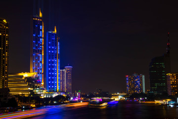 Fototapeta na wymiar Bangkok Thailand : 10 November 2018 Icon Siam grand opening with laser lighting show at Chaophraya River Bangkok.