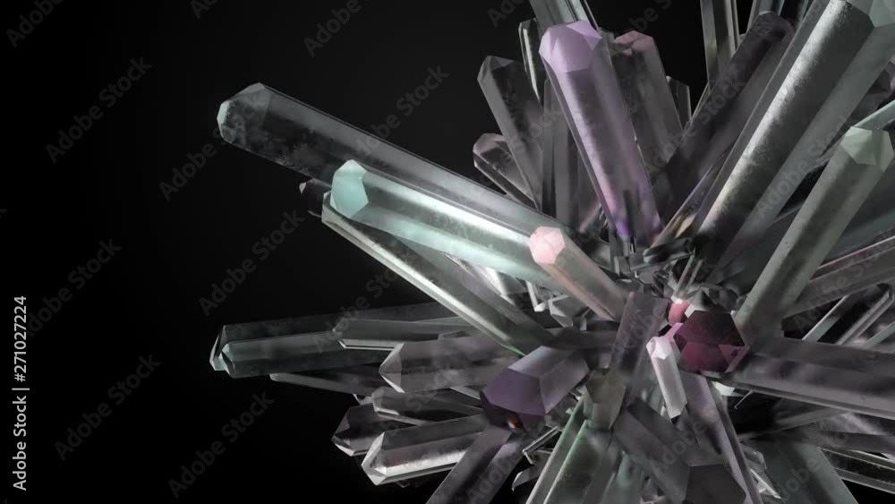 Poster 3d render crystal cluster. composition made of mineral elements. loopable animation.