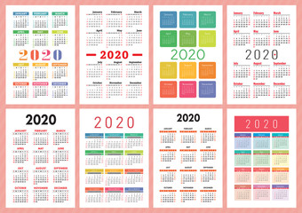 Calendar 2020 year. Vector collection. Colorful English pocket calender set. Week starts on Sunday. Template Group