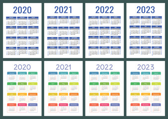 Calendar 2020, 2021, 2022 and 2023. English color vector set. Vertical wall or pocket calender template. Golorful big design collection. New year. Week starts on Sunday