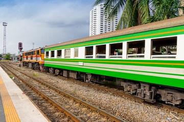 Fototapeta na wymiar Bangkok, Thailand : 2017 June 26 - Train to transport people from train station , Bangkok train station or Hua Lamphong Railway Station at Bangkok.
