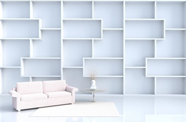 Warm white room decor with shelves wall, tile floor, carpet, branch,sofa. The sun shines through the window into the shadows. 3D render.