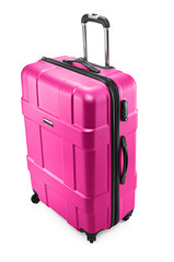 One pink modern travel suitcase with opened handle