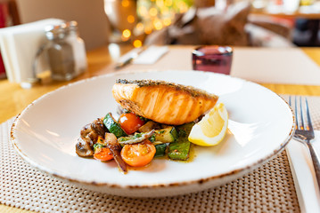 salmon with roasted vegetables, dinner in the restaurant