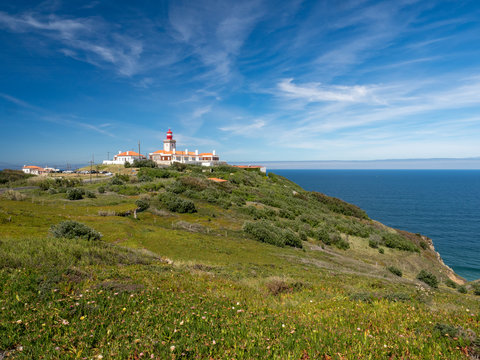 SINTRA, PORTUGAL - May, 2019: Amazing landscape of Cabo da Roca in Portugal. Cabo da Roca (Cape Roca) is a cape which forms the westernmost extent of mainland Portugal and continental Europe.