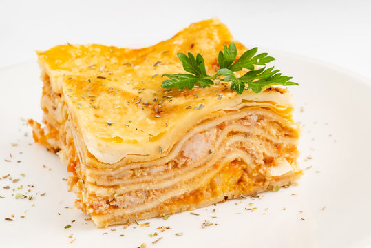 meat lasagna on the white background
