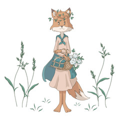 Cute cartoon fox with a flower basket and a wreath on her head. Vector illustration. Isolated objects on white background. Decor elements for gift card and kids products.