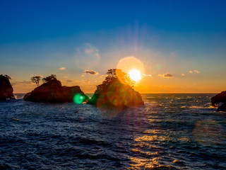 【伊豆半島ジオパーク】静岡県西伊豆堂ヶ島の夕景【冬】