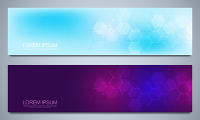 Banners and headers for site with medical background and molecular structures. Abstract geometric texture. Modern design for decoration website and other ideas.