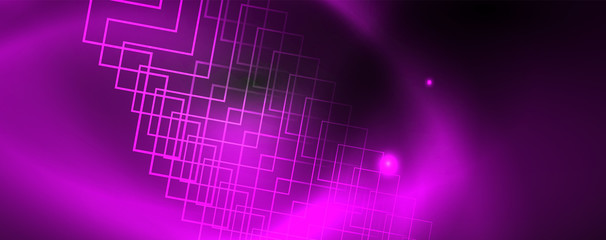 Shiny neon techno template. Neon lines background, 80s style laser rays