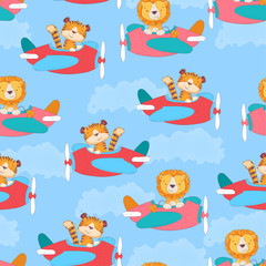 Seamless pattern cute tiger and leon on the plane in cartoon style. Hand drawing.