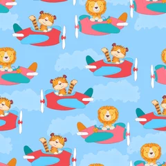 Wallpaper murals Animals in transport Seamless pattern cute tiger and leon on the plane in cartoon style. Hand drawing.