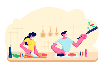 Young Loving Couple Cooking Together on Kitchen. Family Prepare Dinner with Fresh Products on Table. Every Day Routine, Love, Human Relations, Romantic Evening Meal. Cartoon Flat Vector Illustration