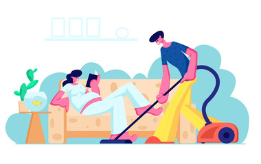 Happy Loving Couple Husband and Wife Prepare Become Parents. Man Vacuuming Floor, Pregnant Woman with Big Belly Reading on Couch. Young Family Waiting Baby, Clean Home Cartoon Flat Vector Illustration
