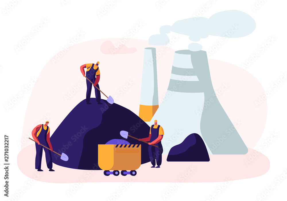 Poster coal mining. miner characters work on quarry with tools, transport and technique loading coal into t