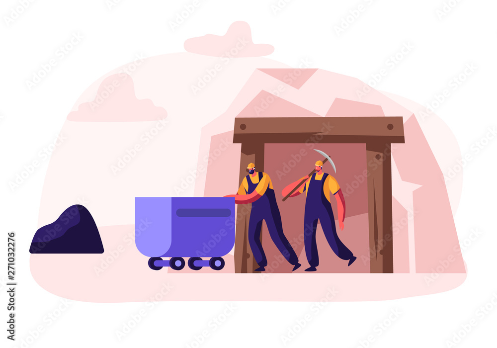 Poster workers in uniform and helmets exit coal mine pushing trolley and with pickaxe in hands