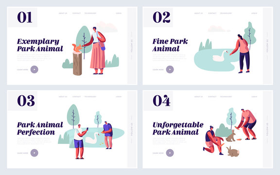 People Spending Time in Animal Park Website Landing Page Set. Leisure in Outdoors Zoo with Wild Animals, Feeding, Playing, Taking Pictures, Sparetime Web Page. Cartoon Flat Vector Illustration, Banner