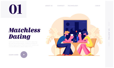 Loving Couple Dating in Restaurant. Declaration of Love, Man and Woman Holding Glasses in Hands. Romantic Relations, Meeting Website Landing Page, Web Page. Cartoon Flat Vector Illustration, Banner