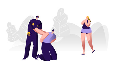 Policeman Arrests Thief. Cop in Uniform on Duty at Work, Law Protection Concept, Professional Safety Control, Police Officer Put Handcuffs on Offender Hands, Witness. Cartoon Flat Vector Illustration