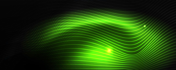 Smoky glowing waves in the dark. Dark abstract background with neon color light and wavy lines. Vector
