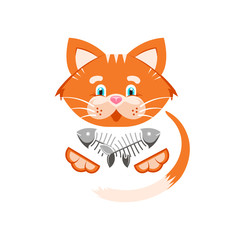 Vector illustration. Orange funny cat with fish bone. Goods for pet store, pet food, the concept of an advertising logo.