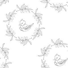 Vector seamless pattern in romantic style with bird and olive wreath. Endless texture for design. White and black color palette.