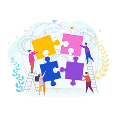 Tiny people assemble a puzzle. Metaphor of teamwork.