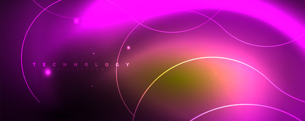 Bright neon circles and wave lines, glowing shiny background design template, digital techno concept.