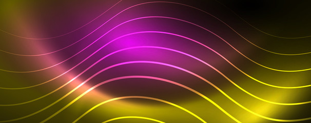 Bright neon circles and wave lines, glowing shiny background design template, digital techno concept.