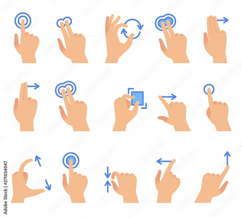 Aufkleber touch screen hand gestures. touching screen devices communication, drag using finger gesture for app