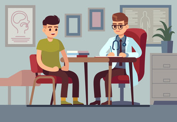 Patient in doctor office. Healthcare hospital physician medical help consultation diagnosis treatment health patients, vector concept