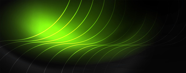 Dark abstract background with bright color neon lights and lines. Glowing background