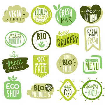 Organic food labels. Natural healthy meal fresh diet products logo stickers. Ecology farm eco food. Vector green premium vegan badges