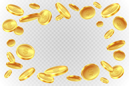 Gold coins explosion. Realistic flying golden coin. Monetary fall cash, prize game splash money jackpot lotto casino vector images