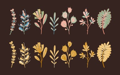 Autumn plants. Forest cute abstract leaves and cereal in garden ecological flat flowers botanical on dark background vector concept