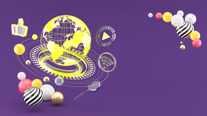 Digital gobal and video ,wifi, like , among the colorful balls on the purple background.-3d rendering.