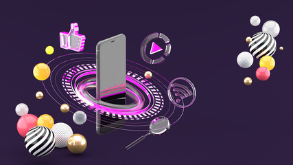 Smartphones are lighted up by the social media logo and colorful balls on the purple background.-3d rendering.