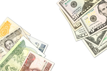 some ethiopian birr banknotes and us-dollar banknotes with copyspace indicating trade relations