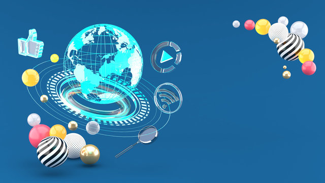 Digital gobal and video ,wifi, like , among the colorful balls on the blue background.-3d rendering.
