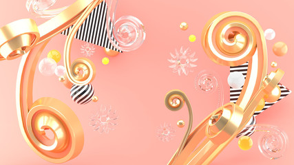 Golden 3d floral graphic among the colorful balls on the pink background.-3d rendering..