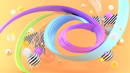 Ribbon spiral surrounded by colorful balls on an orange background.-3d rendering.v