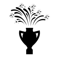 Victory celebration icon. Trophy cup award and fireworks. Vector Illustration