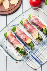 Prosciutto and cheese wrapped asparagus