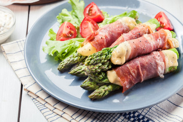 Baked prosciutto and cheese wrapped asparagus