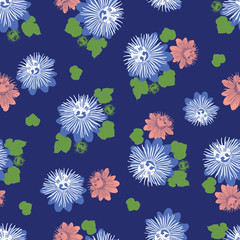 Vector indigo blue seamless pattern with leaves and wild flower. Suitable for textile, gift wrap and wallpaper.