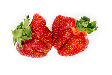 Imperfect Organic Strawberry. Fresh Food Isolated on White Background. Delicious Ripe Berry NutrientCollection of Two. Juicy Sweet Red Heiroom Strawberry Plant. Natural Raw Vegan Dessert.