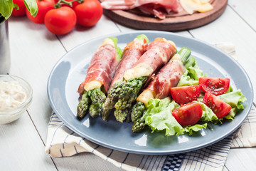 Baked prosciutto and cheese wrapped asparagus