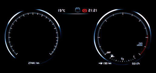 Empty car dashboard panel concept. Modern car digital LCD instrument cluster without gauge needles...